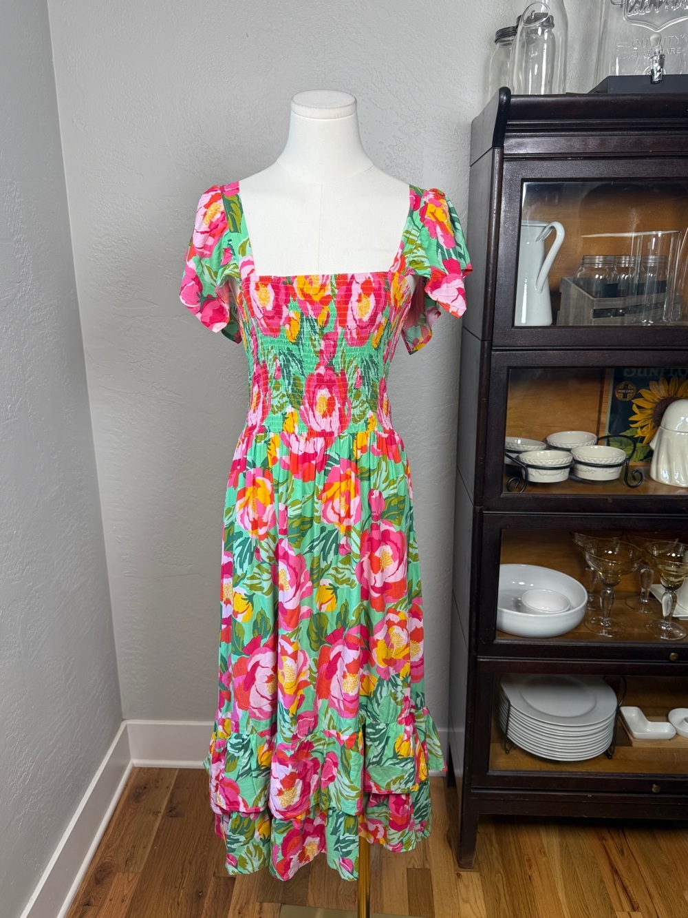 Abel The Label Floral Smocked Midi Dress Green Pink Cottagecore Size M